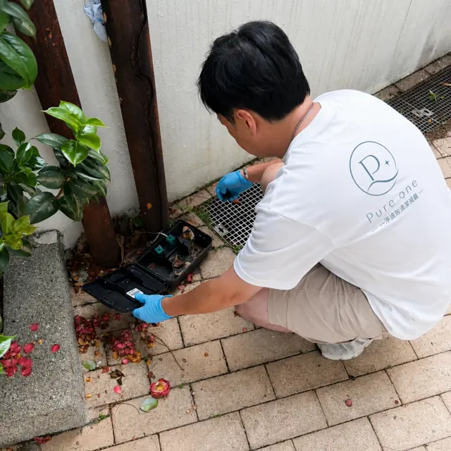 滅蟲技師於戶外放置老鼠毒餌站